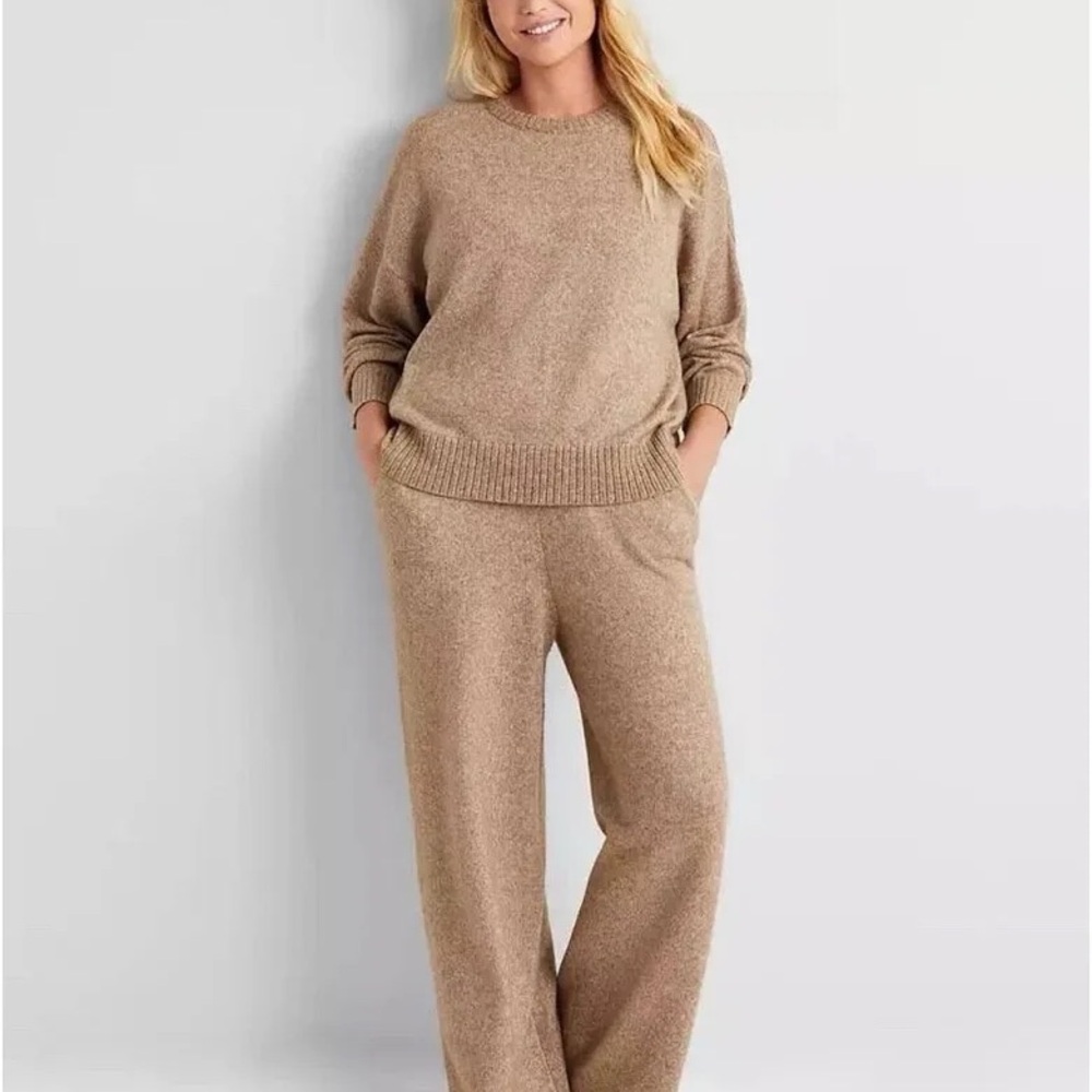 State of Day‎ Intimates Cozy Med Taupe Knit Sweater Pants Two Piece Set Sz Lrg